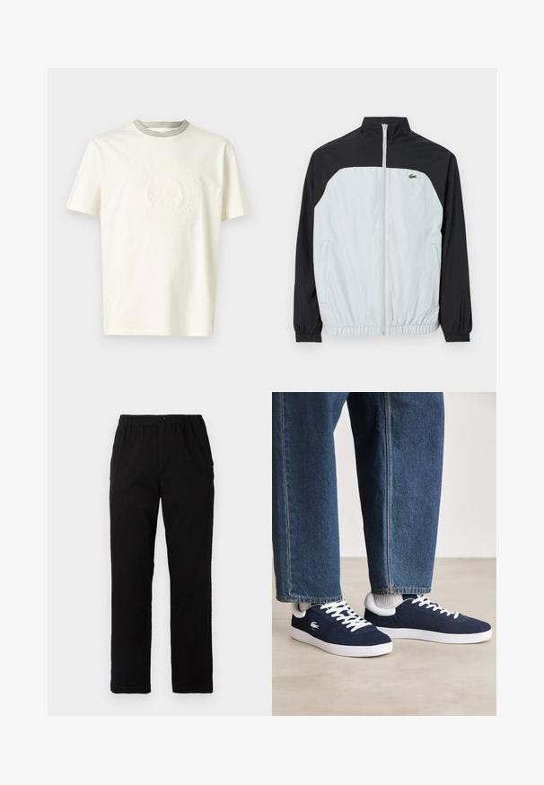 Balta ir juoda vėjui atspari striukė su aukštu apykakle, užtrauktuku priekyje, elastingomis rankovėmis ir mažu žaliu logotipu ant krūtinės.; Kreminė trumpa rankovė marškinė su įvirinta juostele prie kaklo ir reljefiniu logotipu priekyje, pagaminta iš medvilnės.; Juodi kelnės, pagamintos iš medvilnės mišinio, su tiesiomis kirpimo linijomis, elastingu liemeniu su mygtuku ir be aiškių raštų ar akcentų.; Mėlyni drobės sportbačiai su baltais raišteliais ir guminiais padais, išdėstyti su džinsiniais kelnėmis ir pilkais briaunotais kojiniais, šviesiai pilkame paviršiuje.