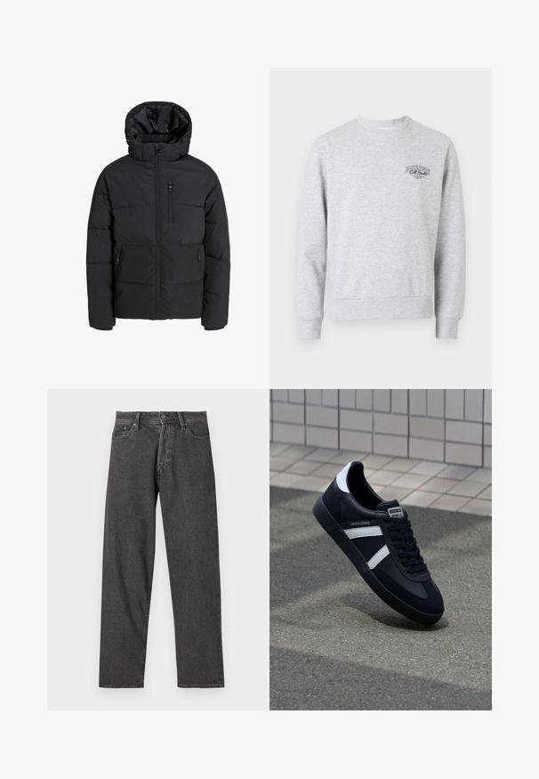 Crna puf jakna s kapuljačom, koja ima prednji patent zatvarač, dva bočna džepa i jedan džep na prsima. Glatka, izolirana tkanina s kvadratnim šavovima.; Sivi dukserica s okruglim dekolteom, rebrastim manžetama i donjim rubom, s malim crnim logotipom na prsima. Izrađena od mekog, teksturiranog materijala.; Crne traperice od denima s ravnim krojem, dizajn s pet džepova i suptilnim izbljeđivanjem. Imaju kopčanje na gumb i petlje za remen.; Crne kožne tenisice s bijelim prugama, strukturirana gumena potplate i vezanjem sprijeda. Ima oznaku brenda na jeziku.