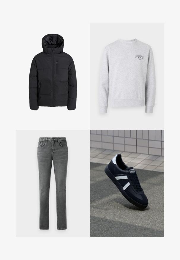 Chaqueta de plumas negra con capucha, que cuenta con un cierre frontal, dos bolsillos laterales y un bolsillo en el pecho. Tela suave e insulated con secciones acolchadas.; Sudadera gris con cuello redondo, puños y dobladillo acanalados, con un pequeño logo negro en el pecho. Fabricada con un tejido suave y texturizado.; Jeans de mezclilla gris con un corte recto, diseño de cinco bolsillos, textura sutilmente descolorida y pasadores para cinturón. Sin marcas ni adornos visibles.; Zapatilla de cuero negra con rayas blancas, suela de goma texturizada y parte frontal con cordones. Cuenta con una etiqueta de marca en la lengüeta.