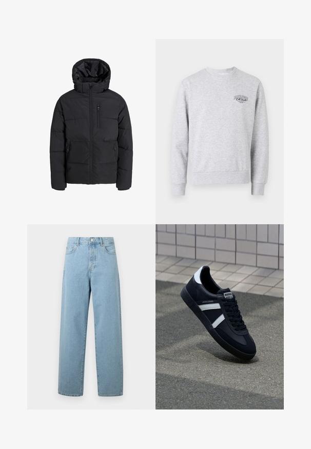 Zwarte pufferjas met een capuchon, voorzien van een ritssluiting aan de voorkant, twee zijzakken en een borstzak. Glad, geïsoleerd stof met doorgestikte delen.; Grijze sweatshirt met een ronde halslijn, ribgebreide manchetten en onderkant, met een klein zwart logo op de borst. Gemaakt van zachte, textuurrijke stof.; Lichtblauwe wijde jeans van denim, met een knoopsluiting aan de voorkant, een traditionele vijf-pocket ontwerp en een relaxte pasvorm.; Zwarte leren sneaker met witte strepen, een gestructureerde rubberen zool en vetersluiting aan de voorkant. Voorzien van een merklabel op de tong.