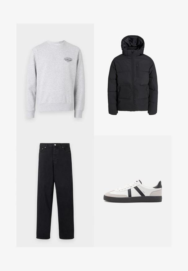 Chaqueta de plumas negra con capucha, que cuenta con un cierre frontal, dos bolsillos laterales y un bolsillo en el pecho. Tela suave e insulated con secciones acolchadas.; Sudadera gris con cuello redondo, puños y dobladillo acanalados, con un pequeño logo negro en el pecho. Fabricada con un tejido suave y texturizado.; Jeans negros de tiro alto, rectos, con cierre de botón, loopholes para cinturón y bolsillos delanteros y traseros sobre un fondo blanco.; Zapatilla blanca con acentos en negro y gris, que presenta una puntera texturizada en gris, suela de goma negra y cordones planos blancos. Diseño limpio, estilo minimalista.