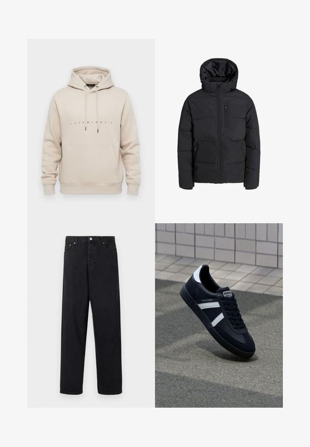Black puffer jacket with a hood, featuring a front zipper, two side pockets, and a chest pocket. Smooth, insulated fabric with quilted sections.; Beige hoodie with front pocket, drawstring hood, and "JACK & JONES" printed in small black letters across the chest.; Black high-waist straight-leg jeans with button closure, belt loops, and front and back pockets on a white background.; Black leather sneaker with white stripes, textured rubber sole, and lace-up front. Features a branded label on the tongue.