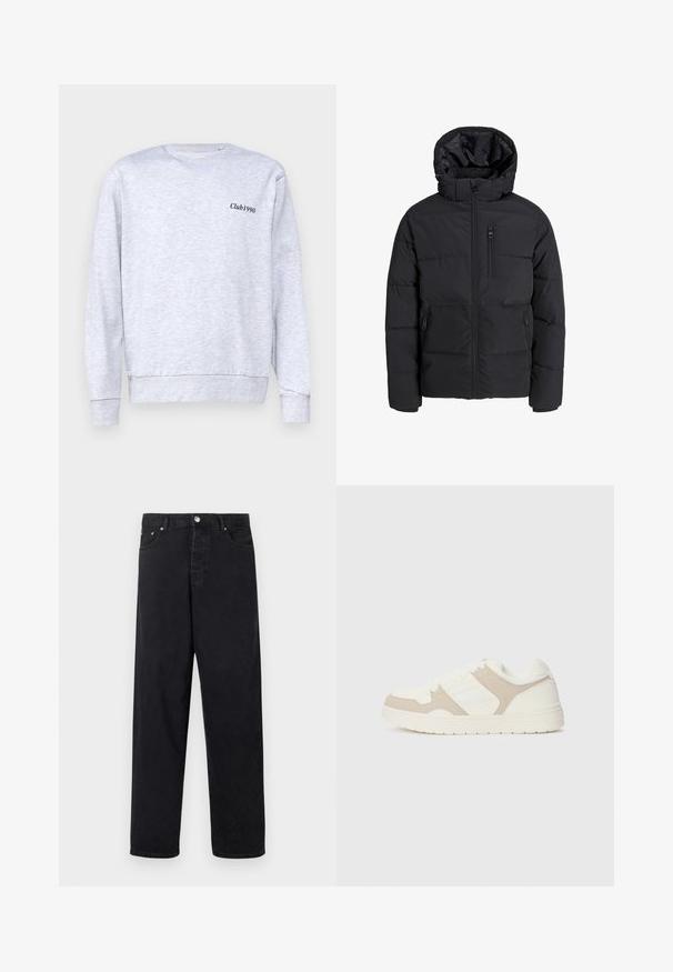 Giacca a puffo nera con cappuccio, dotata di zip frontale, due tasche laterali e una tasca sul petto. Tessuto liscio e isolato con sezioni trapuntate.; Felpa grigia in cotone misto, design a girocollo, con una piccola scritta nera "Club1990" sulla parte sinistra del petto.; Jeans neri a vita alta, dritti, con chiusura a bottone, passanti per cintura e tasche anteriori e posteriori su sfondo bianco.; Sneaker bianca e beige caratterizzata da una combinazione di texture liscia e scamosciata, punta rotonda, chiusura con lacci e suola in gomma piatta.