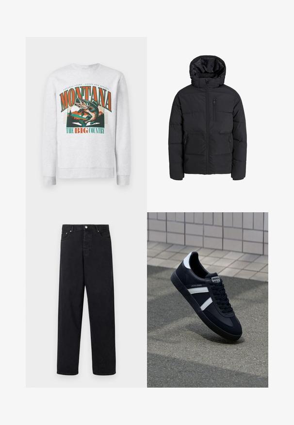 Giacca a puffo nera con cappuccio, dotata di zip frontale, due tasche laterali e una tasca sul petto. Tessuto liscio e isolato con sezioni trapuntate.; Felpa grigio chiaro con una grande grafica di un pesce saltante, montagne e alberi, con il testo "Montana The Big Country" in arancione e verde.; Jeans neri a vita alta, dritti, con chiusura a bottone, passanti per cintura e tasche anteriori e posteriori su sfondo bianco.; Sneaker neri in pelle con strisce bianche, suola in gomma texturizzata e allacciatura frontale. Presenta un'etichetta con il marchio sulla linguetta.