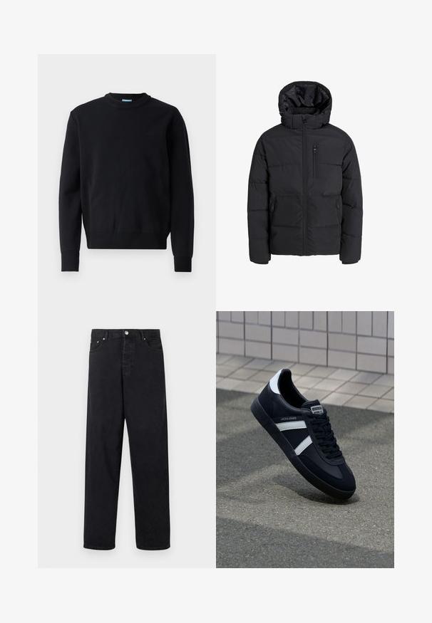 Svart boblejakke med hette, med frontglidelås, to sidelommer og en brystlomme. Glatt, isolert stoff med kviltede seksjoner.; Svart hettegenser laget av bomullsblanding, med rund hals, ribbestrikkede mansjetter og nederkant, samt en liten logo detalj på brystet.; Svarte høyt midjede jeans med rette ben, knappelukking, beltehemper, og front- og baklommer på hvit bakgrunn.; Sorte lærersneaker med hvite striper, teksturert gummihæl og snøring foran. Har et merketikett på tungen.
