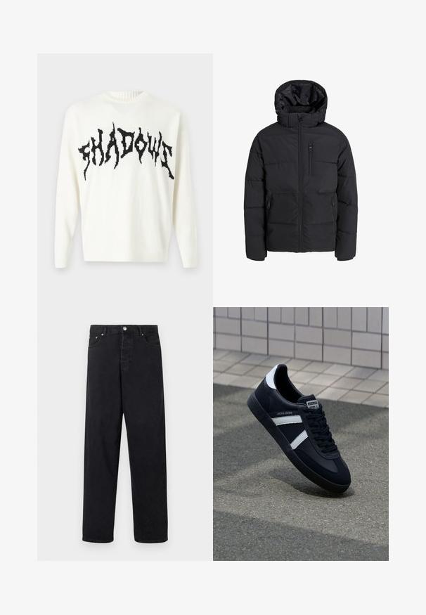 Chaqueta de plumas negra con capucha, que cuenta con un cierre frontal, dos bolsillos laterales y un bolsillo en el pecho. Tela suave e insulated con secciones acolchadas.; Only & Sons ONSRANDY LIFE CREW - Jersey de punto - cloud dancer/black; Jeans negros de tiro alto, rectos, con cierre de botón, loopholes para cinturón y bolsillos delanteros y traseros sobre un fondo blanco.; Zapatilla de cuero negra con rayas blancas, suela de goma texturizada y parte frontal con cordones. Cuenta con una etiqueta de marca en la lengüeta.