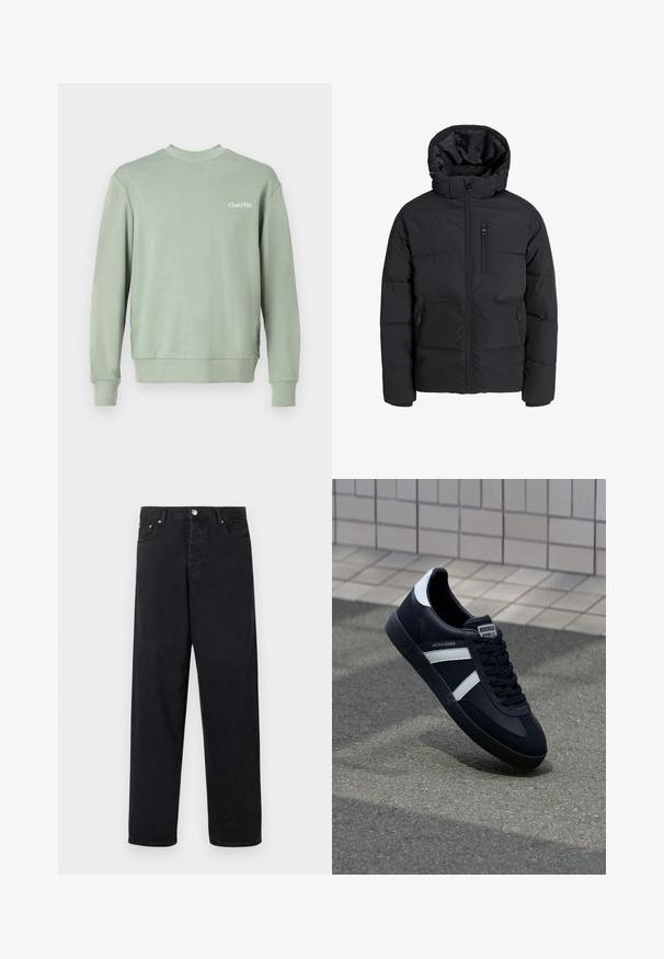 Melnā pūkainā jakā ar kapuci, ar priekšējo rāvējslēdzēju, divām sānu kabatām un krūšu kabatu. Gluda, izolēta auduma ar quiltētām sekcijām.; Gaiši zaļš džemperis, izgatavots no mīksta auduma, ar apaļu kaklu, garām piedurknēm, ribotām aprocēm un uz krūtīm drukātu tekstu "Club1990".; Melni augstajiem jostasvietas džinsi ar taisnu kāju, pogu aizdari, jostas cilpām un priekšējiem un aizmugurējiem kabatām uz baltā fona.; Melnā ādas sporta apavi ar baltām svītrām, teksturēta gumijas zole un auklu aizdare. Iekļauj zīmola etiķeti uz mēles.