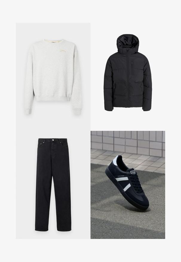 Crna puf jakna s kapuljačom, koja ima prednji patent zatvarač, dva bočna džepa i jedan džep na prsima. Glatka, izolirana tkanina s kvadratnim šavovima.; Svijetlosiva majica dugih rukava od mekanog tkanja, s okruglim izrezom, rebrastim manšetama i bež vezenim natpisom "POMPEII".; Crne traperice visoki struk ravnih nogavica s kopčanjem na gumbe, petljama za remen te prednjim i stražnjim džepovima na bijeloj podlozi.; Crne kožne tenisice s bijelim prugama, strukturirana gumena potplate i vezanjem sprijeda. Ima oznaku brenda na jeziku.