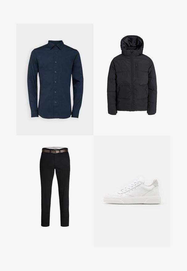 Must must jakk, millel on kapuuts, esiküljel lukuga, kaks küljetaskut ja rinna-tasku. Sile, isoleeritud kangas koos tikandiga sektsioonidega.; Tumesinise pikakäiselise särgi nööpide vahel, tavalise kraega, sujuva tekstuuriga, millel on sinised nööbid ja diskreetne logo vasakul rinnal.; Mustad puuvillased püksid sirge lõikega, millel on pruun nahkrihm ja sile tekstuur. Lihtne disain, nähtavaid mustreid või aktsente pole.; Valged nahast spordijalatsid siledast nahast viimistlusega, ümarate varvastega, lamekestega ja tekstuuriga tallaga. Hall suede aktsent kanna juures.