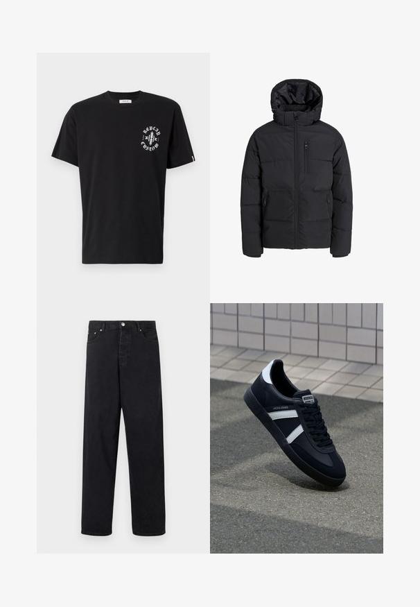 Sort pufferjakke med hætte, prydet med en frontlynlås, to sidelommer og en brystlomme. Glat, isoleret materiale med quiltede sektioner.; Sort bomulds t-shirt med korte ærmer. Har en hvid grafisk print på venstre bryst og et lille logo-tag i kanten.; Sorte højtaljede lige jeans med knaplukning, bæltehuller og for- og baglommer på en hvid baggrund.; Sort lædersneaker med hvide striber, tekstureret gummisål og snørrebånd foran. Har et brandet mærke på tungen.