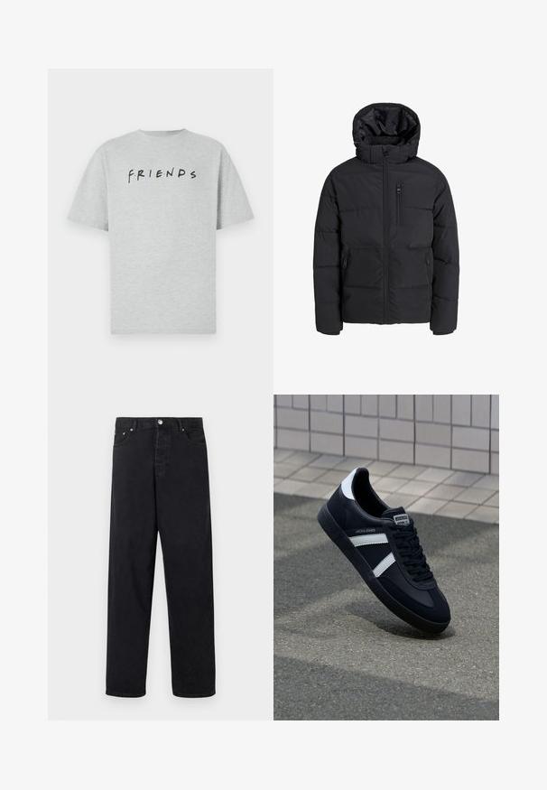 Geacă puffer neagră cu glugă, cu un fermoar frontal, două buzunare laterale și un buzunar pe piept. Material neted, izolat, cu secțiuni matlasate.; Tricou gri din bumbac cu mâneci scurte, având cuvântul "PRIMI" scris cu litere negre, accentuat cu puncte colorate, într-un font casual.; Jeans negre cu talie înaltă, drepti, cu închidere prin buton, bucle pentru curea și buzunare în față și în spate, pe un fundal alb.; Sneaker din piele neagră cu dungi albe, talpă din cauciuc texturat și șireturi. Prezintă un eticheta de marcă pe limbă.
