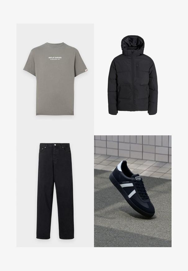 Must must jakk, millel on kapuuts, esiküljel lukuga, kaks küljetaskut ja rinna-tasku. Sile, isoleeritud kangas koos tikandiga sektsioonidega.; Hallide lühikeste varrukatega särgid, ümar kaelus. Ees on valge trükitud tekst "REPLAY GARAGE ESTABLISHED 1981". Tavaline lõige.; Mustad kõrgvööline sirge lõikega teksapüksid nuppude kinnitusega, vöödega ja esikülje ning selja taskutega valgel taustal.; Must have musta sneaker musta valgete triipudega, tekstuurne kummitald ja nööridega esiosa. Omab bränditud märki keele peal.