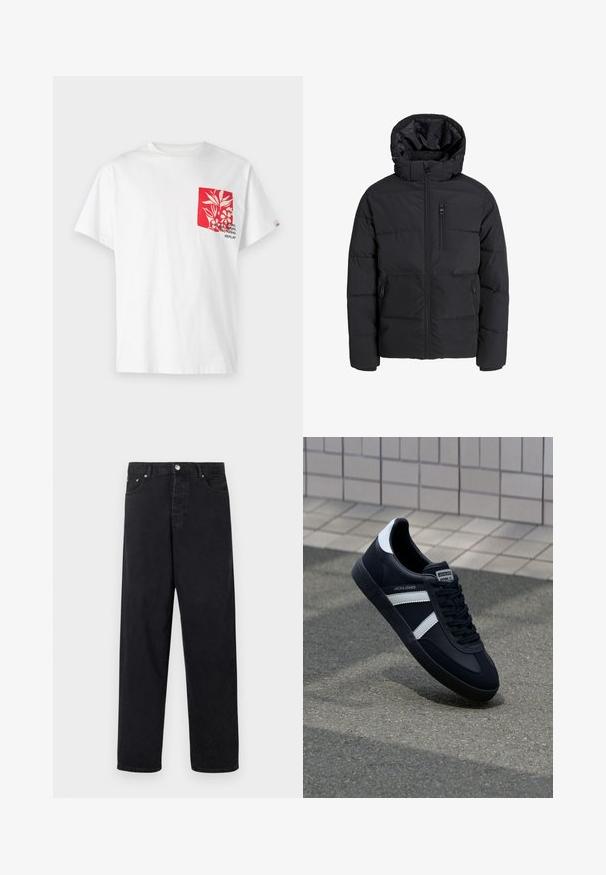 Mustapuffaparka hupulla, jonka etupuolella on vetoketju, kaksi sivutaskua ja rintatasku. Sileä, eristetty kangas, jossa on tikkipintaisia alueita.; Valkoinen puuvillapaita, jossa on punainen kukkakuosinen tasku ja teksti. Lyhyet hihat, pyöreä kaula-aukko ja rento istuvuus.; Musta korkeavyötäröinen suora lahje-farkut nappikiinnityksellä, vyölenkeillä sekä etu- ja takataskuilla valkoisella taustalla.; Mustat nahkakengät valkoisilla raidoilla, teksturoitu kumipohja ja nauha edessä. Varustettu merkkitarralla kielen päällä.