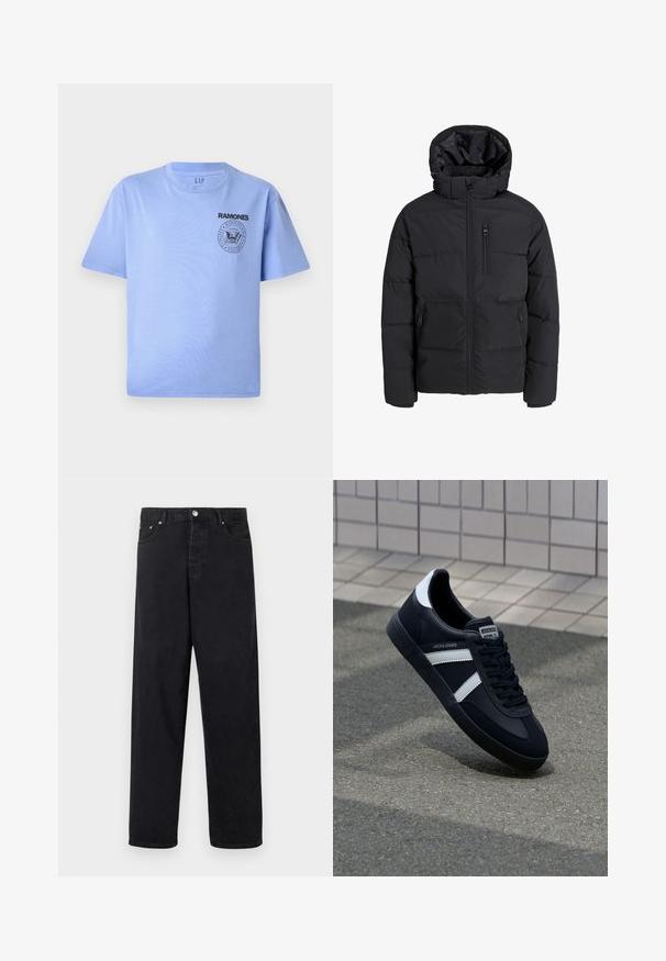 Svart boblejakke med hette, med frontglidelås, to sidelommer og en brystlomme. Glatt, isolert stoff med kviltede seksjoner.; Lyseblå bomull T-skjorte med korte ermer, rund hals og svart "Ramones" logo trykk på venstre brystområde. Glatt tekstur.; Svarte høyt midjede jeans med rette ben, knappelukking, beltehemper, og front- og baklommer på hvit bakgrunn.; Sorte lærersneaker med hvite striper, teksturert gummihæl og snøring foran. Har et merketikett på tungen.