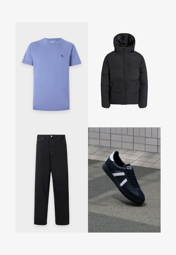 Sort pufferjakke med hætte, prydet med en frontlynlås, to sidelommer og en brystlomme. Glat, isoleret materiale med quiltede sektioner.; Lys lavendelfarvet bomulds T-shirt, rund hals, korte ærmer, med et lille broderet logo i en mørkere nuance på venstre bryst.; Sorte højtaljede lige jeans med knaplukning, bæltehuller og for- og baglommer på en hvid baggrund.; Sort lædersneaker med hvide striber, tekstureret gummisål og snørrebånd foran. Har et brandet mærke på tungen.