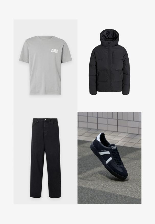 Black puffer jacket with a hood, featuring a front zipper, two side pockets, and a chest pocket. Smooth, insulated fabric with quilted sections.; Gray cotton t-shirt with short sleeves, round neckline, and a white logo "JACK & JONES" printed on the left chest area.; Black high-waist straight-leg jeans with button closure, belt loops, and front and back pockets on a white background.; Black leather sneaker with white stripes, textured rubber sole, and lace-up front. Features a branded label on the tongue.