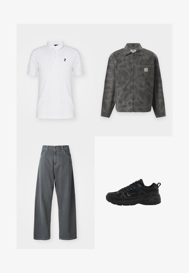 Grå jakke med et subtilt camouflagemønster, lynlås lukning, spids krave og en brystlomme med et logo patch. Glat stofftekstur.; Hvid polo shirt med klassisk krave, tre-knaps lukning og et lille sort logo på venstre bryst. Bomuldsmateriale, korte ærmer.; Grå denim brede bukser med høj talje, der har forlommer, bæltesløjfer og en knappelukning i taljen.; Sort træningssko med en overdel i mesh og syntetisk materiale, strukturerede detaljer, rund tå og en polstret sål med en trække-løkke ved hælen.