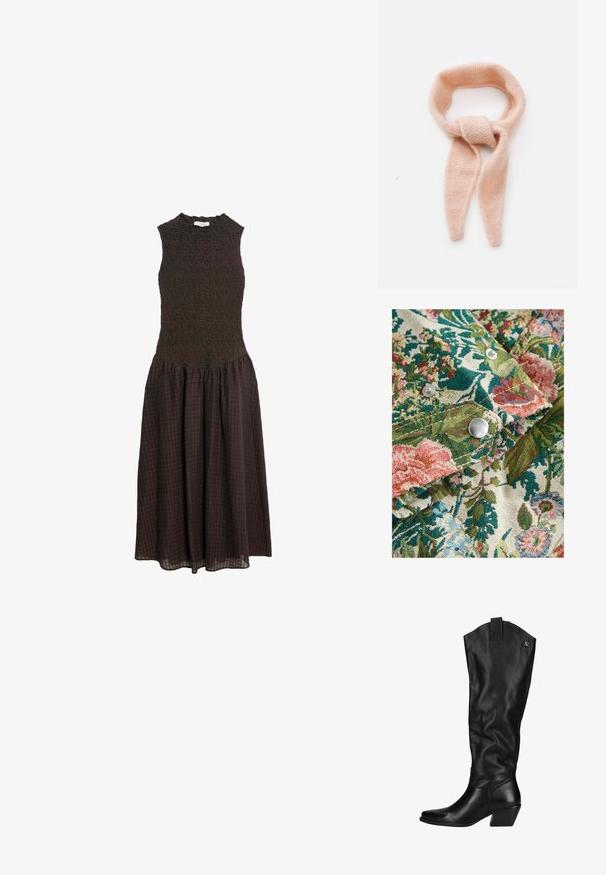 Tela con patrón floral en ricas tonalidades de verde, rosa y azul; incluye botones a presión plateados y un tejido texturizado.; Vestido midi sin mangas de color marrón oscuro con un torso ajustado texturizado y una falda de cuadros fruncida sobre un fondo blanco.; Botas de cuero negras hasta la rodilla con un acabado ligeramente texturizado. Presentan una punta afilada, un tacón bloque y un acento de logo en la parte superior.; Bufanda de color rosa pálido tricotada, textura suave, diseño en forma de lazo con extremos alargados, que presenta un detalle anudado en el centro.