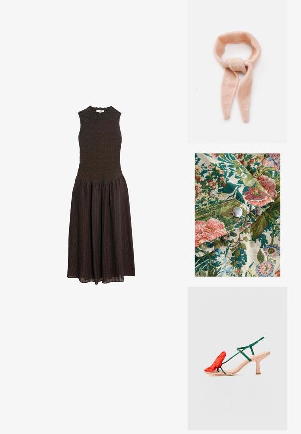 Tela con patrón floral en ricas tonalidades de verde, rosa y azul; incluye botones a presión plateados y un tejido texturizado.; Vestido midi sin mangas de color marrón oscuro con un torso ajustado texturizado y una falda de cuadros fruncida sobre un fondo blanco.; Loeffler Randall FRANK - Sandalias tobilleras - nude/green/red; Bufanda de color rosa pálido tricotada, textura suave, diseño en forma de lazo con extremos alargados, que presenta un detalle anudado en el centro.