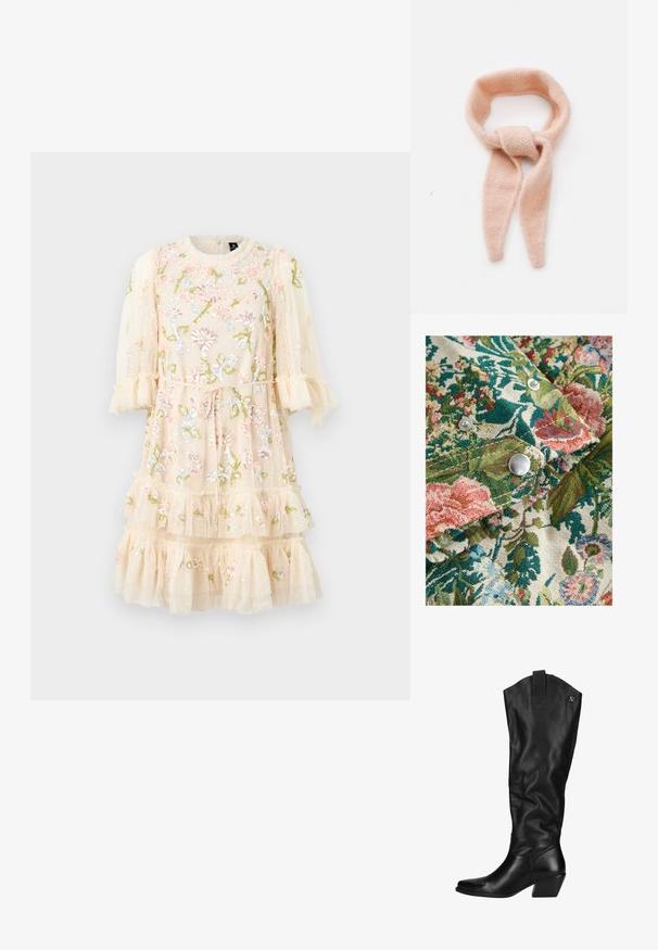 Bloemmotiefstof met rijke tinten groen, roze en blauw; inclusief zilveren drukknoopjes en een textuurweefsel.; Geborduurd jurk van zacht beige doorschijnende stof met bloemmotieven, gelaagde ruches en pofferige mouwen. Touwtjes voor de taille om de pasvorm aan te passen.; Zwarte leren kniehoge laarzen met een licht gestructureerde afwerking. Kenmerken zijn een puntige neus, een blokhak en een logo-accent aan de bovenkant.; Lichtroze gebreide sjaal, zachte textuur, lussenontwerp met verlengde uiteinden, met een geknoopt detail in het midden.