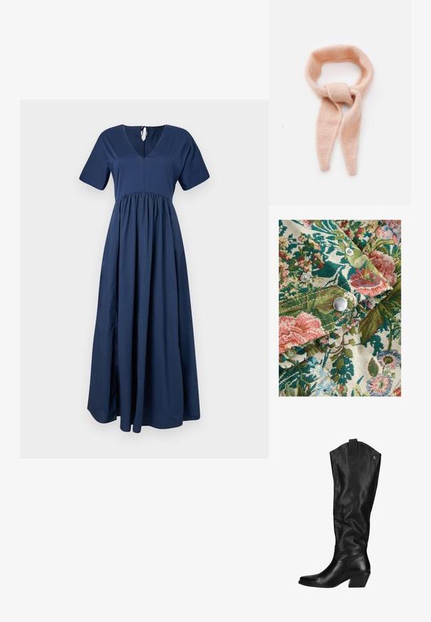 Stoff mit floralen Mustern in satten Grüntönen, Rosa und Blau; umfasst silberne Druckknöpfe und ein strukturiertes Gewebe.; Marineblaue Maxikleid mit kurzen Ärmeln, V-Ausschnitt und gerafftem Taillenbereich. Hergestellt aus glattem Material mit fließender Silhouette und einer Krawatte hinten.; Schwarze knielange Stiefel aus Leder mit einer leicht strukturierten Oberfläche. Sie besitzen eine spitze Zehenpartie, einen Blockabsatz und eine Logo-Akzent am oberen Teil.; Helle rosa gestrickte Schal, weiche Textur, geschlungenes Design mit verlängerten Enden, mit einem geknoteten Detail in der Mitte.