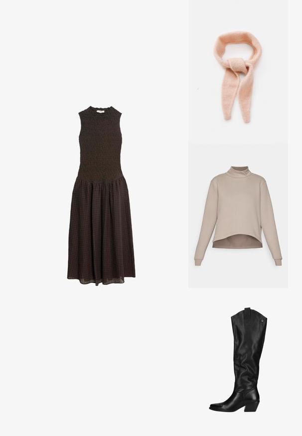 Blomsterpræget stof med rige nuancer af grøn, pink og blå; inkluderer sølvfarvede trykknapper og en struktureret vævning.; Yogasearcher BOTHI - Sweatshirt - cacao; Ærmeløs mørkebrun midi-kjole med tekstureret tætsiddende overdel og en samlet ternet skørt på en hvid baggrund.; Sorte læderknæhøje støvler med en let struktureret overflade. Har en spids tå, en blokhæl og et logo-accent øverst.; Lys rosa strikket tørklæde, blød tekstur, looper design med forlængede ender, med en knyttet detalje i midten.