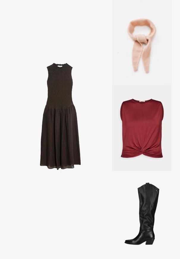 Bloemmotiefstof met rijke tinten groen, roze en blauw; inclusief zilveren drukknoopjes en een textuurweefsel.; Bordeauxkleurige mouwloze top met een ronde halslijn en een gedraaide knoop aan de voorkant. Gemaakt van zachte stof met een gladde textuur.; Mouwloze midijurk in donkerbruin met een getextureerd nauwsluitend lijfje en een geplooide geruite rok op een witte achtergrond.; Zwarte leren kniehoge laarzen met een licht gestructureerde afwerking. Kenmerken zijn een puntige neus, een blokhak en een logo-accent aan de bovenkant.; Lichtroze gebreide sjaal, zachte textuur, lussenontwerp met verlengde uiteinden, met een geknoopt detail in het midden.