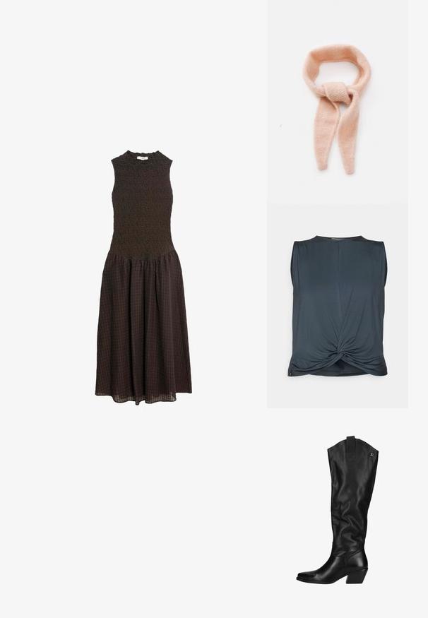 Bloemmotiefstof met rijke tinten groen, roze en blauw; inclusief zilveren drukknoopjes en een textuurweefsel.; Yogasearcher TWISTED - Top - forest; Mouwloze midijurk in donkerbruin met een getextureerd nauwsluitend lijfje en een geplooide geruite rok op een witte achtergrond.; Zwarte leren kniehoge laarzen met een licht gestructureerde afwerking. Kenmerken zijn een puntige neus, een blokhak en een logo-accent aan de bovenkant.; Lichtroze gebreide sjaal, zachte textuur, lussenontwerp met verlengde uiteinden, met een geknoopt detail in het midden.