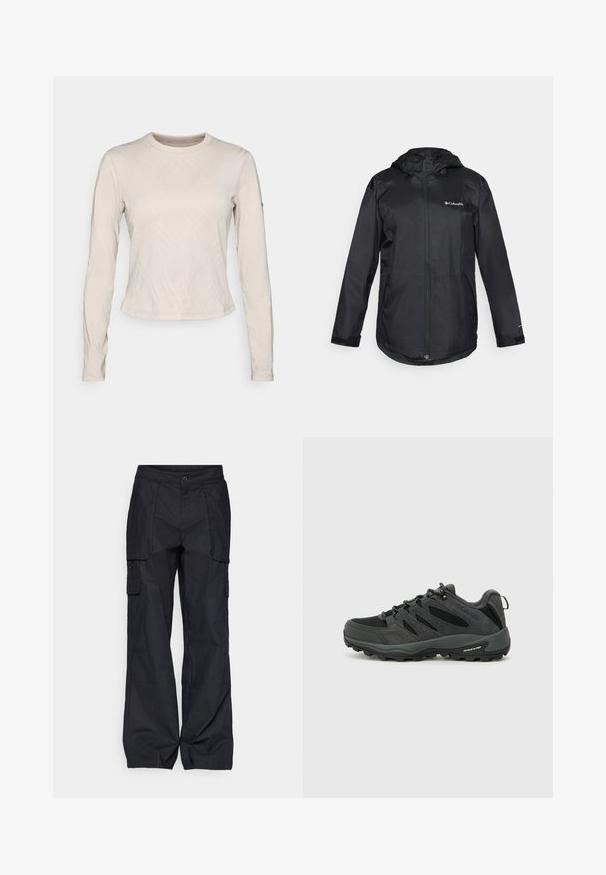 Crna vodootporna jakna s kapuljačom, prednjim zatvaračem, elastičnim manžetama i logom na lijevoj strani prsiju. Glatki, lagani materijal. Ležeran kroj.; Dugih rukava majica u svijetlosmeđoj boji, s teksturiranim uzorkom isprepletenih linija, okruglim izrezom i uskim krojem.; Columbia BREA FALLS™ COTTON RIPSTOP PANT - Hlače za otvoreno - black; Columbia REDMOND - Obuća za pješačenje - black/citron haze