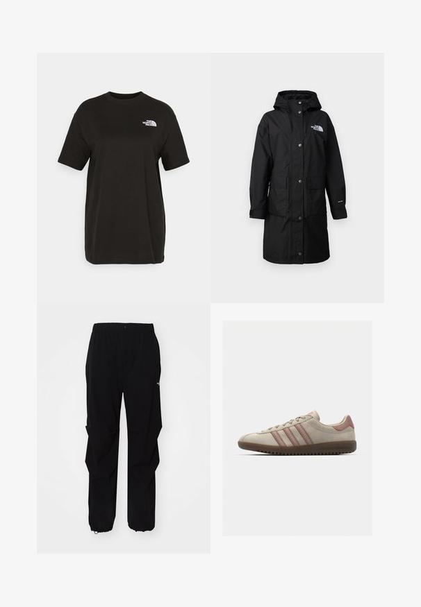 Musta, pikkupikkus vihmajope kapuutsiga, kahe esi-taskuga, nööbiga ja rinnal logoga; valmistatud ilmastikukindlast materjalist.; Mustvalge puuvillane T-särk lühikeste varrukatega, ümmarguse kaelusega ja väikese valge logoga vasakul rinnal. Sile tekstuur, mugav lõige.; Mustad must outdoor püksid, valmistatud vastupidavast materjalist, millel on mugav lõige, elastne vöökoht ja reguleeritavad varrukaotsad.; Beeži seemisneaker roosa aktsendiga, kolme kattuva triibuga, tekstureeritud varbaosaga ja kummist talla külgedega.