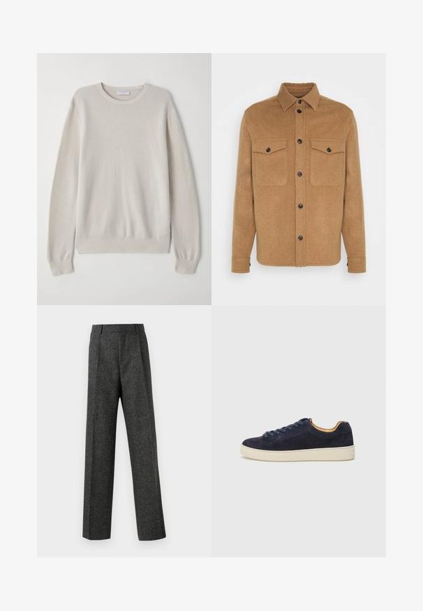 Braune Wollmischung-Hemdjacke mit spitzem Kragen, schwarzen Knöpfen, zwei Brusttaschen und geradem Schnitt. Weicher Stoff, minimalistisches Design.; Helles beige Sweatshirt aus weichem Strickstoff. Rundhalsausschnitt, lange Ärmel, gerippte Bündchen und Saum mit subtilen Texturdetails.; Graue maßgeschneiderte Hose aus strukturiertem Stoff, mit zwei vorderen Falten und geradem Bein. Keine sichtbaren Taschen oder Verzierungen.; Marineblaues Wildleder-Low-Top-Sneaker mit runder Zehenpartie, off-white Gummisohle und passenden Schnürsenkeln; hat ein kontrastierendes, tannfarbiges Innenfutter.
