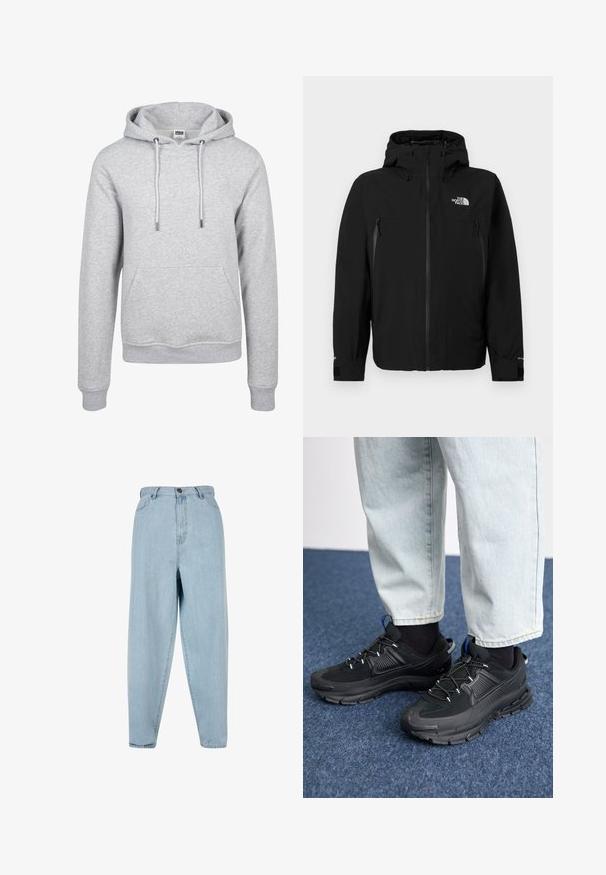 Giubbotto nero con cappuccio, caratterizzato da una chiusura frontale con zip, due tasche laterali con zip, polsini regolabili e un logo sul lato sinistro del petto.; Felpa grigia con cappuccio, tasca a marsupio, polsini elastici, coulisse e un tessuto morbido e testurizzato. Design casual adatto per essere indossato a strati.; Jeans azzurri a vita alta con vestibilità rilassata. Presentano un bottone frontale, chiusura con zip e design a cinque tasche. Tessuto leggermente sbiadito.; Scarpe sportive nere con tessuto testurizzato e suole in gomma, dotate di lacci elastici e un accento blu sul tallone. Indossate con pantaloni in denim chiaro.