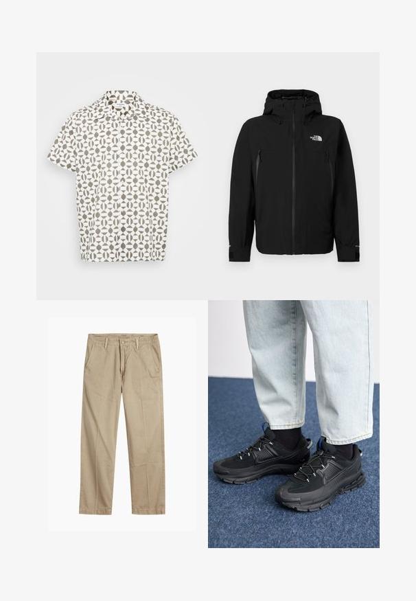 Crna jakna s kapuljačom, koja ima prednji zip, dva bočna džepa sa zatvaračem, podesive manžetne i logo na gornjem lijevom dijelu prsnog koša.; Košulja s kratkim rukavima od bijelog materijala s geometrijskim smeškim uzorkom. Ima klasičan okovratnik i suptilnu teksturu.; Bež chinos hlače ravnog kroja s petljama za remen, prednjim gumbom i zatvaranjem nazip, te kosi prednjim džepovima.; Crne atletske cipele s teksturiranom tkaninom i gumene potplate, s elastičnim vezicama i plavim akcentom na peti. Nosene su s svijetlim trapericama.