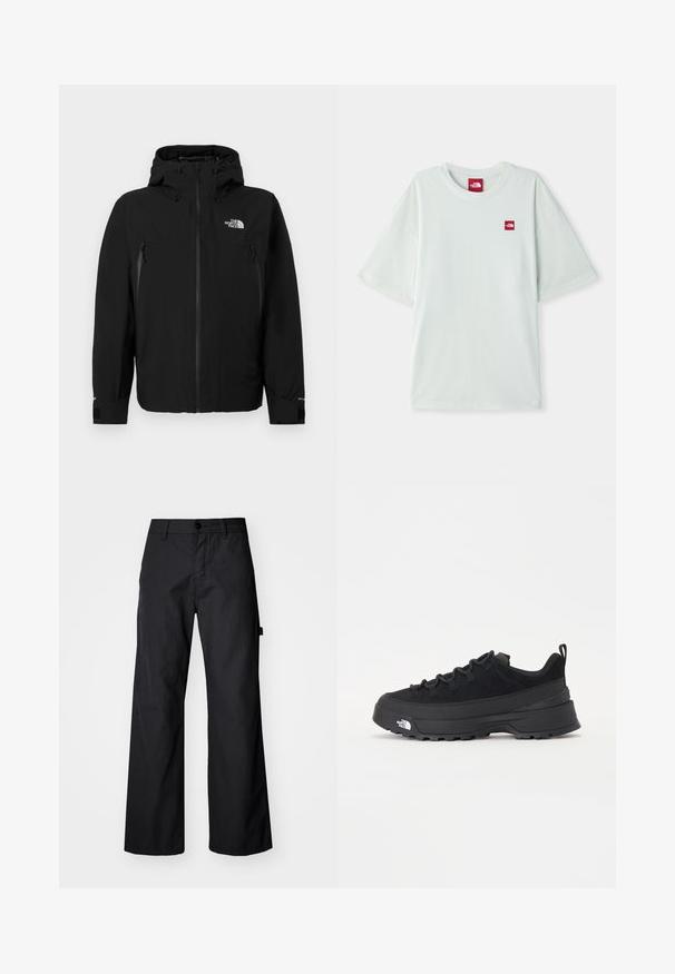 Zwarte jas met een capuchon, voorzien van een ritssluiting aan de voorkant, twee met rits afgesloten zijzakken, verstelbare manchetten en een logo op de bovenste linkerkant van de borst.; Lichtgroene T-shirt met korte mouwen van zachte katoen, voorzien van een klein rood logo label op de linker borst. Ontspannen pasvorm en ronde halslijn.; Zwarte, wijde broek gemaakt van duurzaam materiaal. Voorzien van een knoopsluiting en zijzakken. Glad textuur met een strakke uitstraling.; Zwarte outdoor sneaker met een suede bovenkant, een gestructureerde rubberen zool en een stevig vetersysteem. Heeft een versterkte hiel en een merklogo aan de zijkant.