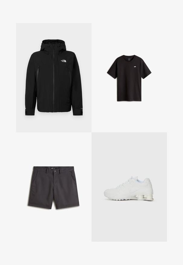 Černá bunda s kapucí, se zipem na přední straně, dvěma zipovými bočními kapsami, nastavitelnými manžetami a logem na levé horní části hrudi.; Černé bavlněné tričko s krátkým rukávem a kulatým výstřihem. Na hrudi se nachází malé bílé logo skateboardu. Jednoduchý design a střih.; Šedé šortky vyrobené z hladké bavlny, s dvěma předními kapsami, zapínáním na knoflík a plochým předním designem. Žádné viditelné vzory ani akcenty.; Bílé sportovní boty s hladkým syntetickým svrškem, texturovanými akcenty a charakteristickou segmentovanou patou pro tlumení nárazů. Šněrovací design.