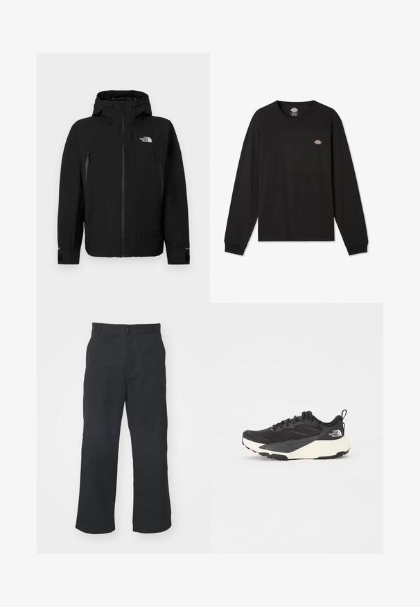 Sort jakke med hætte, der har en frontlynlås, to lynlåslommer på siden, justerbare ærmer og et logo på den øverste venstre bryst.; Sort langærmet T-shirt i bomuld med et lille flerfarvet Dickies-logo på venstre brystområde og ribbede manchetter.; Sorte, lige ben bukser lavet af stof med en glat tekstur, som har en frontknaplukning og standardlommer.; Sort sportsko med struktureret mesh-overdel, solide sorte detaljer og hvid letvægts sål. Har snørebåndslukning og trækstrop.