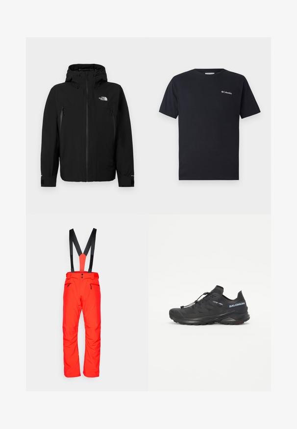 Čierna bunda s kapucňou, ktorá má predný zips, dve bočné vrecká so zipsom, nastaviteľné manžety a logo na hornej ľavej hrudi.; Čierne tričko s krátkym rukávom vyrobené z bavlny, s malým bielym logom Columbia na ľavej hrudi. Klasický okrúhly výstrih a voľný strih.; Salomon EDGE PANT  - Lyžiarske nohavice - cherry tomato; Čierna trailová bežecká obuv s textúrovaným vrškom, elastickými šnúrkami a podrážkou Contagrip. Obsahuje tesný strih a ochrannú špicu.