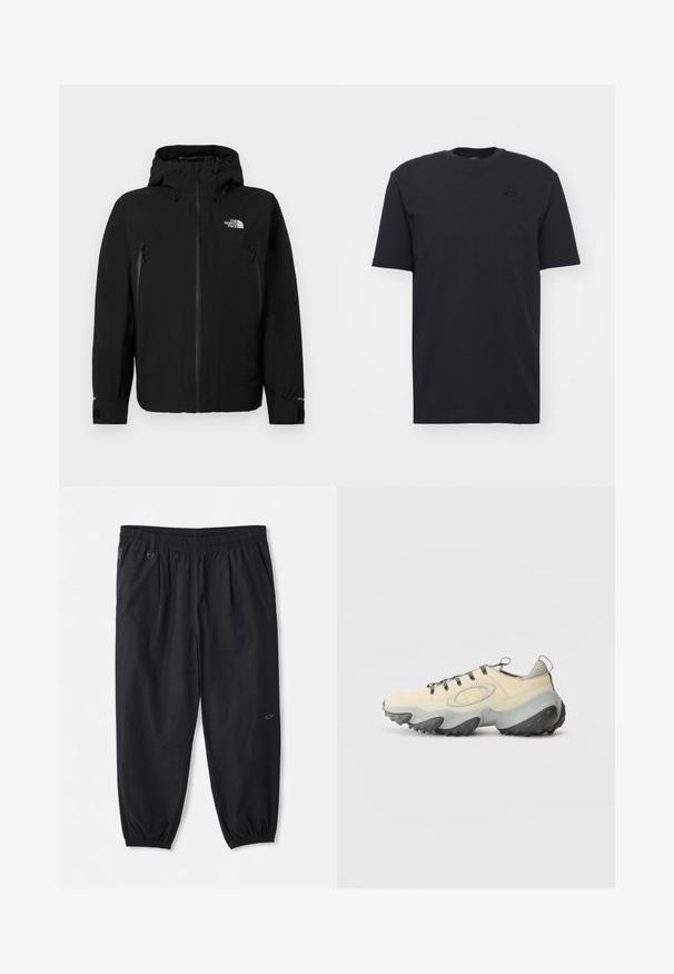 Schwarze Jacke mit Kapuze, ausgestattet mit einem Frontreißverschluss, zwei seitlichen Reißverschlusstaschen, verstellbaren Bündchen und einem Logo auf der oberen linken Brust.; Schwarzes Baumwoll-T-Shirt mit kurzen Ärmeln und Rundhalsausschnitt, das ein dezentes Logo auf der Brust und einen lockeren Schnitt bietet.; Schwarze, lässige Hose mit elastischem Bund, seitlichen Taschen, elastischen Bündchen an den Knöcheln und einem kleinen Logo am rechten Oberschenkel.; Beige Sport Schuhe mit einem strukturierten Mesh-Obermaterial, grauer Gummisohle, auffälligem geschwungenem Design und grauen Schnürsenkeln. Mit einer Zuglasche an der Ferse.