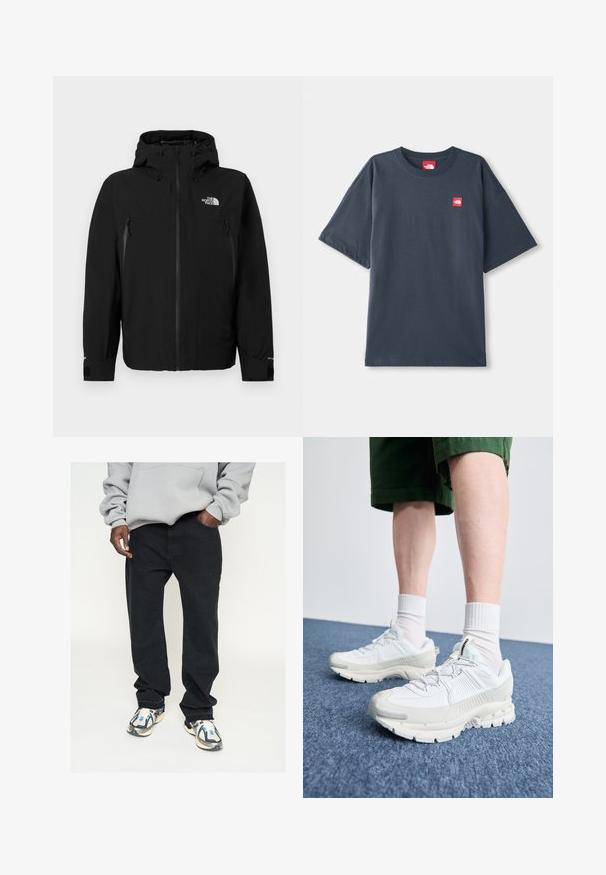 Chaqueta negra con capucha, que presenta un cierre frontal, dos bolsillos laterales con cremallera, puños ajustables y un logo en la parte superior del pecho izquierdo.; Camiseta de manga corta azul marino oscuro hecha de algodón, con un parche de logo rojo en el lado izquierdo del pecho y un clásico cuello redondo.; Pantalones de mezclilla negra con corte recto, combinados con una sudadera con capucha de color gris claro. Acentuados por zapatillas modernas con detalles en azul.; Zapatillas deportivas blancas con superposiciones texturizadas, una suela gruesa y acentos grises. Llevadas con calcetines blancos hasta la pantorrilla y pantalones cortos verdes sobre una superficie azul.