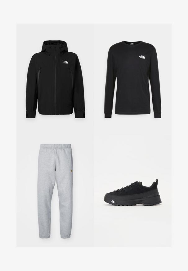 Čierna bunda s kapucňou, ktorá má predný zips, dve bočné vrecká so zipsom, nastaviteľné manžety a logo na hornej ľavej hrudi.; Čierne tričko s dlhým rukávom vyrobené z bavlny, s bielym logom na ľavej hrudi a rebrovanými manžetami. Hladká textúra s okrúhlym výstrihom.; Sivé teplákové nohavice vyrobené z mäkkej látky, s elastickým pásom, sťahovacími členkami a malým logom na boku.; Čierne vonkajšie tenisky so zvrškom z semišu, štruktúrovanou gumovou podrážkou a pevným šnurovaním. Obsahujú vystužený opätok a logo značky na boku.