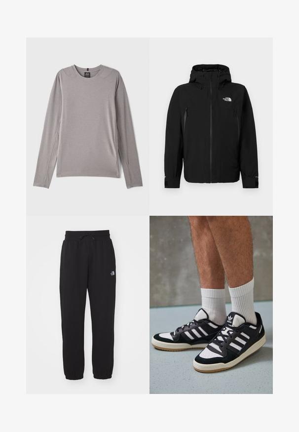 Czarna kurtka z kapturem, z pionowym zamkiem z przodu, dwoma zamykanymi na zamek kieszeniami z boku, regulowanymi mankietami oraz logiem na górnej lewej części klatki piersiowej.; Szara koszula z długim rękawem o okrągłym dekolcie, z bocznymi rozcięciami i gładkiego, elastycznego materiału. Minimalistyczny design bez wzorów czy ozdób.; Czarne dresy wykonane z miękkiego materiału, z elastycznym pasem w talii ze sznurkiem, zakończeniami w mankiety i małym logo na górnej części uda.; Czarno-białe sneakersy z zamszową i skórzaną cholewką, z trzema białymi paskami, perforowanym czubkiem i gumową podeszwą w kolorze gumy.