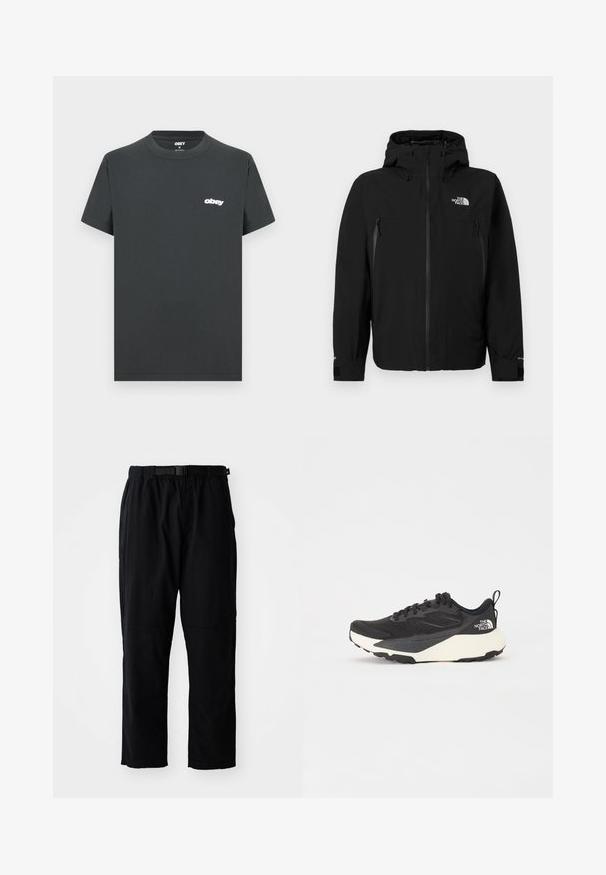 Černá bunda s kapucí, se zipem na přední straně, dvěma zipovými bočními kapsami, nastavitelnými manžetami a logem na levé horní části hrudi.; Černé bavlněné tričko s krátkým rukávem, kulatým výstřihem a bílým logem "obey" na levé části hrudi. Hladká textura, běžný střih.; Černé, lehké kalhoty s volnějším střihem, s opaskem v pase, zesílenými koleny a rovnými nohavicemi.; Černá sportovní bota s texturovaným síťovaným svrškem, solidními černými akcenty a bílou lehkou podrážkou. Vybavena šněrováním a poutkem.