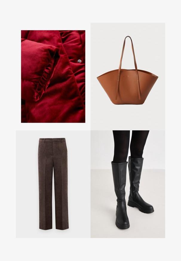 Punainen samettinen puffatakki, jossa on ylellinen rakenne, muotoillut hihansuut ja metallinen napitusyksityiskohta.; Musta poolalla pitkähihaisen pusero, joka on valmistettu ribbikankaasta, tarjoaa muotoilevan leikkauksen, jossa on korkea kaula-aukko eikä kuvioita tai koristeita.; Ruskohuisut suoralahkeiset housut, ruskeat, vyölenkeillä ja etupintojen taitteilla, valkoista taustaa vasten.; Even&Odd Platform-saappaat - black; Ruskea nahkabandi, jossa on leveä, jämäkkä muoto, ohuet kahvat ja teksturoitu pinta. Minimalistinen muotoilu, jossa ei ole näkyvää metalliosaa.