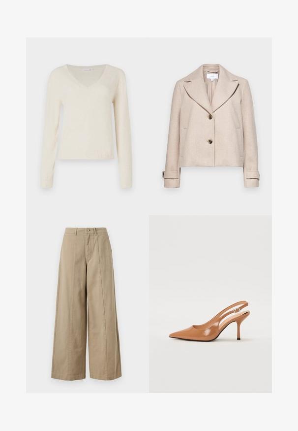 Beige kort jakke laget av et mykt stoff, med spiss krage, to frontlommer og to store brune knapper.; Kremfarget V-hals genser med lange ermer, ribbede mansjetter og kant, vist mot en ensfarget hvit bakgrunn.; Beige vidde bukser laget av solid bomull, med knappeåpning, beltehemper og rene frontfolder uten synlige lommer.; Spiss tå slingback hæl i et glat, glinsende brunt materiale. Har et buet utskårent design og en slank stilett hæl. Sølvspenne detalj.