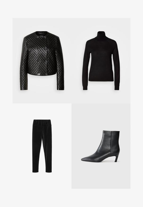 Schwarze gesteppte Lederjacke mit Rundhalsausschnitt, langen Ärmeln und Druckknöpfen, diagonal verlaufenden Nähten und einer verkürzten Passform.; Schwarzer Rollkragenpullover aus leichtem Strickmaterial. Mit langen Ärmeln und einer figurbetonten Silhouette mit Raglanärmeln.; Schwarze Veloursleggings mit einem elastischen Bund und einer glatten, glänzenden Textur. Slim Fit mit einer schmal zulaufenden Beinform.; Schwarze Lederstiefelette mit spitzer Zehenpartie und niedrigem Kittenheel auf einem schlichten hellen Hintergrund.