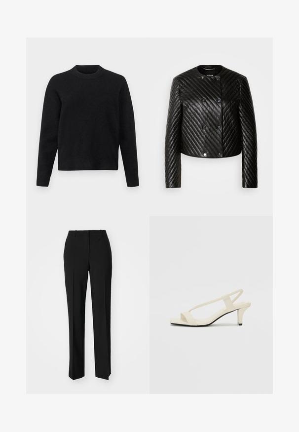 Zwarte gewatteerde leren jack met een ronde hals, lange mouwen en drukknoopsluitingen, voorzien van diagonale stikpatronen en een cropped design.; Zwart sweatshirt van zacht materiaal, met een ronde halslijn, lange mouwen en een relaxte pasvorm, met een gladde textuur.; Zwarte op maat gemaakte broek met een recht model, voorzien van een soepele textuur en scherpe plooien aan de voorkant. Geen zichtbare hardware.; Beige blockhak sandalen met dunne bandjes en een vierkante neus. Glad materiaal met minimale details, ontworpen voor eenvoudig dragen.