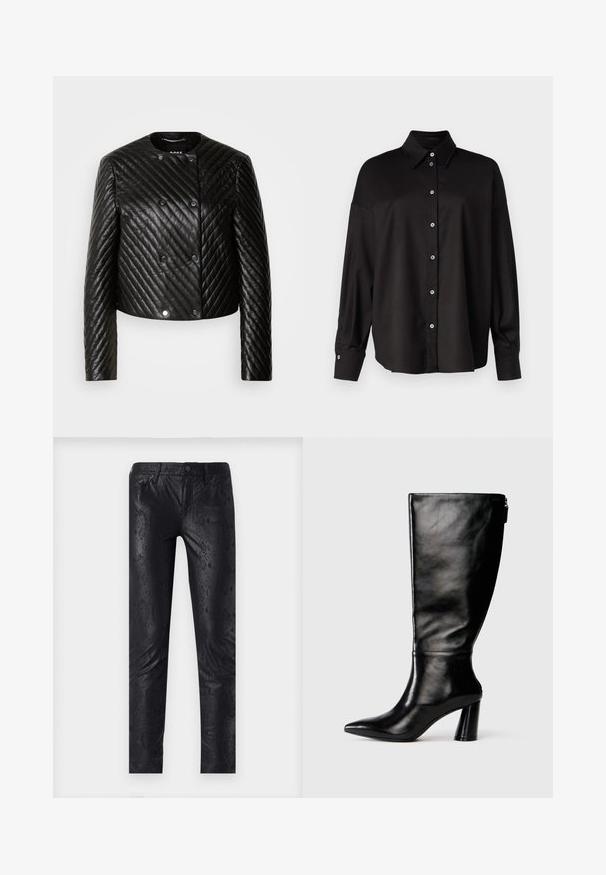 Fekete steppelt bőrkabát kerek nyakkal, hosszú ujjakkal és patentos záródással, ferde varrásmintákkal és cropped fazonnal.; DRYKORN LYSILA - Gombos blúz - black; Fekete műbőr nadrág, kígyóbőr mintázattal, slim-fit fazonnal és klasszikus öt zsebes stílussal, gombos zárással.; Térd fölé érő fekete bőr csizma hegyes orral, sima felülettel és vastag sarkal. A hátsó részen cipzár részlet található.
