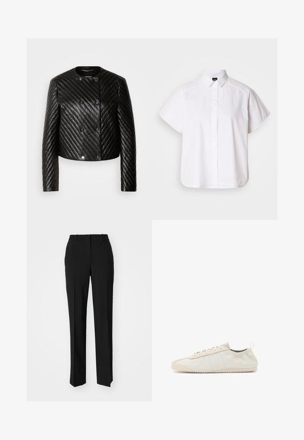 Sort quiltet læderjakke med rund hals, lange ærmer og trykknapper, med diagonale syninger og en kort design.; Hvid kortærmet skjorte med knaplukning, spidse kraver og buet nederste kant. Lavet af bomuld med en glat struktur og uden synlige mønstre.; Sorte skræddersyede bukser med lige ben-design, der har en glat tekstur og skarpe folder langs fronten. Ingen synlige hardware.; Creme lædersneakers med rund tå, snørebånd, teksturerede detaljer og gummisål med tekstur, der har zigzag-mønster for godt greb.