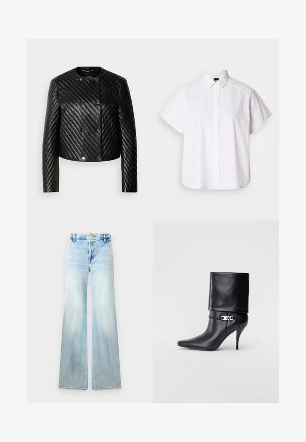 Juodas odinis siuvinėtas švarkas su apvaliu kaklu, ilgomis rankovėmis ir užsegimais, su įstrižais siuvinėjimo raštais ir trumpu dizainu.; Balta trumpomis rankovėmis marškinėlių su atlenkiamu apykakle ir kreiva apačia. Pagaminta iš medvilnės, su sklandžiu paviršiumi ir be matomų raštų.; Šviesiai mėlynos plačios džinsinės kelnės, pagamintos iš džinsinio audinio. Turi nudilusią apdailą, standartines kišenes ir mygtuko užsegimą liemens srityje.; Juodos odinės kulkšninių botų su smailiu nosiu, aukštu stiletto kulnu, apvyniojamu kraštu ir auksine dekoratyvine sagtimi prie kulkšnies.