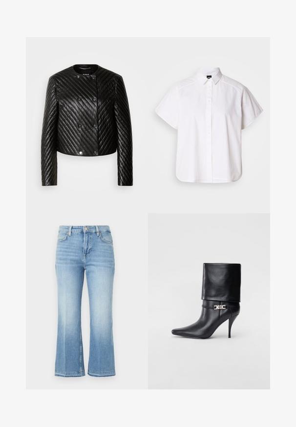 Jachetă din piele quilted neagră, cu guler rotund, mâneci lungi și închidere cu capse, prezentând modele de cusături diagonale și un design scurt.; Cămașă albă cu mânecă scurtă, cu nasturi, guler ascuțit și margine curbă. Fabricată din bumbac, cu o textură netedă și fără modele vizibile.; Jeans din denim albastru deschis, cu talie înaltă, picioare late și evazate, design estompat și accente cusute pe buzunare și tiv.; Botine negre din piele, cu vârf ascuțit, toc înalt și subțire, cu manșetă pliată și un detaliu decorativ cu cataramă aurie la gleznă.